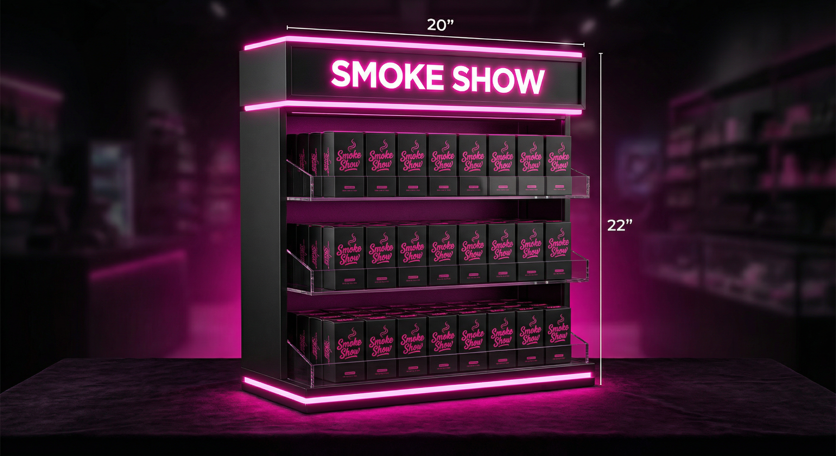 Smoke Show branded countertop display case loaded with product